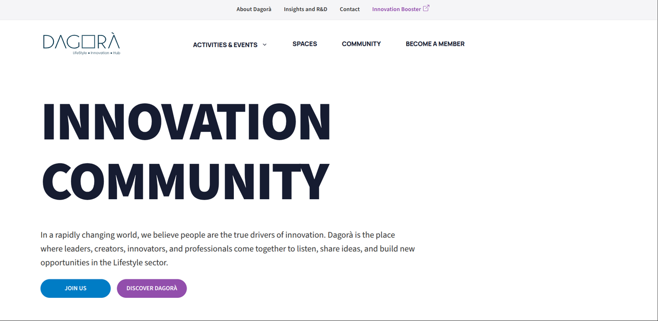 The Dagorà homepage: 'Innovation Community' in bold type