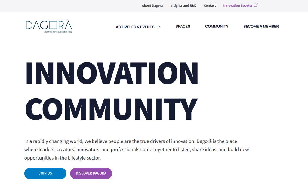 The Dagorà homepage: 'Innovation Community'