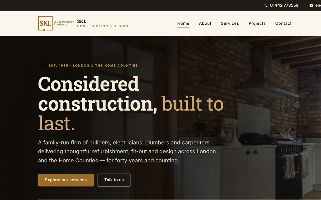 The SKL Construct homepage: 'Considered construction, built to last'