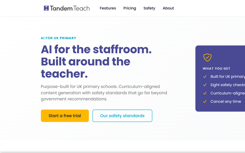 The TandemTeach homepage: 'AI for the staffroom. Built around the teacher.'